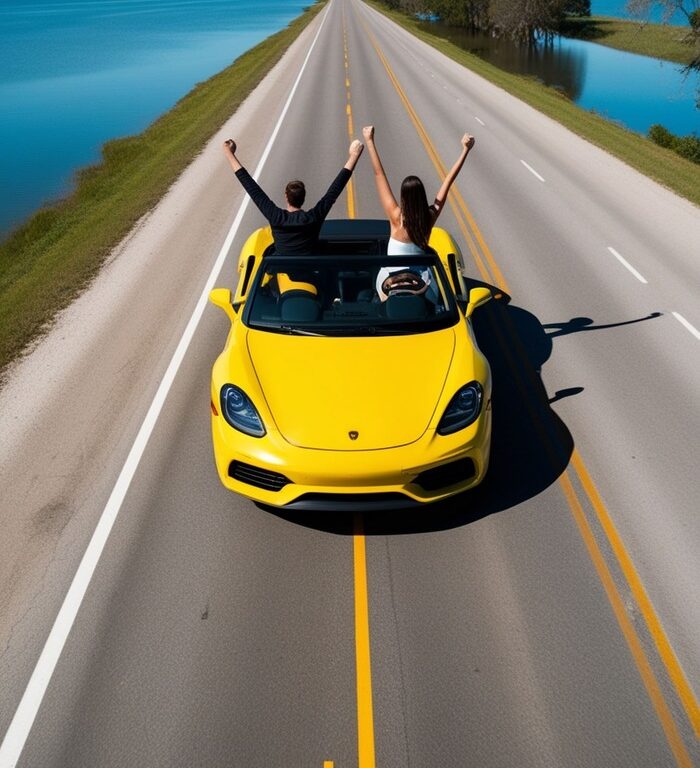 yellow-car-is-driving-down-road